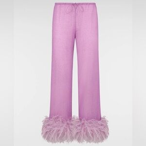 Oseree Purple Wide Leg Pants with Feather Trim